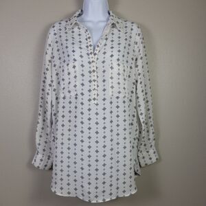 Pleione White Black Print Long Sleeve V-Neck Popover Blouse Size Medium
